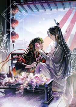 2boys 2others ahoge alcohol architecture artist_name black_coat black_hair black_hanfu branch chair chinese_clothes chohato0717 closed_mouth coat couple east_asian_architecture eye_contact falling_petals flower from_side ghost hair_down hair_flower hair_ornament hair_ribbon half_updo hanfu headband highres holding holding_branch holding_flower jug_(bottle) lan_wangji lantern long_hair long_sleeves looking_at_another male_focus modao_zushi mountain multiple_boys multiple_others off_shoulder official_alternate_costume official_alternate_hairstyle on_floor open_clothes open_coat open_mouth petals pink_flower profile red_eyes red_ribbon red_sash ribbon robe sash sidelocks sitting sky smile table topknot twitter_username vase watermark wei_wuxian wei_wuxian_(yiling_laozu) white_flower white_hanfu white_headband wide_sleeves window wooden_floor xiao_guan_(headdress) yaoi yellow_eyes