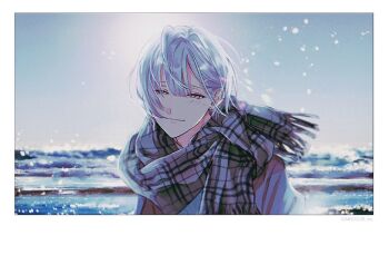 1girl blue_hair border borrowed_character brown_scarf character_request closed_mouth commentary_request copyright_notice copyright_request half-closed_eyes jacket kizu_natsuki looking_at_viewer outdoors plaid_clothes plaid_scarf scarf short_hair sky smile snow snowing solo upper_body white_border white_hair