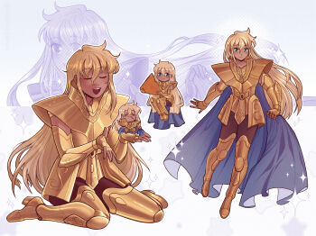 1boy androgynous armor blonde_hair blue_cape blue_eyes boots cape chibi chibi_inset closed_eyes dark-skinned_male dark_skin doodlingwren eating eyelashes food full_body gold_armor gold_cloth gold_saint high_heel_boots high_heels highres holding holding_food holding_mini_person in_palm long_hair looking_at_viewer male_focus middle_finger mini_person miniboy multiple_views nachos open_mouth oversized_food oversized_object saint_seiya sitting smile sparkle standing standing_on_one_leg teeth trap u_u unusually_open_eyes upper_teeth_only virgo_shaka wariza
