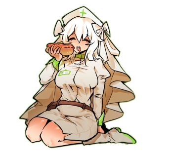 1girl boots bow breasts caretaker_(die_of_death) chaw_qh closed_eyes commentary_request die_of_death dress food full_body hair_between_eyes hair_bow hat highres holding holding_food hot_dog korean_commentary long_hair long_sleeves medium_breasts miniskirt nurse nurse_cap open_mouth pencil_skirt raised_eyebrows roblox simple_background sitting skirt solo wariza white_background white_boots white_bow white_dress white_hair white_skirt