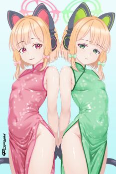 2girls :3 absurdres alternate_costume animal_ear_headphones animal_ears armpit_crease arms_behind_back blonde_hair blue_archive blue_background blunt_bangs bow breasts cat_ear_headphones cat_ears cat_tail china_dress chinese_clothes closed_mouth covered_navel cowboy_shot dress eyelashes f0rum7v fake_animal_ears fake_tail gradient_background green_bow green_eyes green_halo groin hair_bow halo headphones highres loli looking_at_viewer medium_hair midori_(blue_archive) momoi_(blue_archive) multiple_girls no_panties parted_lips pelvic_curtain pink_bow pink_halo red_eyes shiny_skin siblings side-by-side sidelocks simple_background sisters sleeveless sleeveless_dress small_breasts smile split_mouth straight_hair tail thighs twins