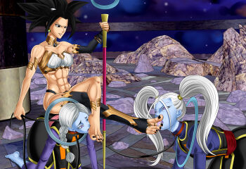 3girls black_hair blue_skin colored_skin cus dragon_ball dragon_ball_super f0reverking feet female_focus femdom kefla_(dragon_ball) long_hair marcarita_(dragon_ball) multiple_girls muscular muscular_female twintails white_hair