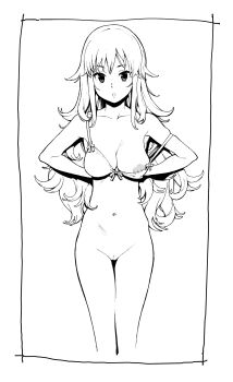 1girl absurdres border bra breasts collarbone cropped_legs daftbonkers female_focus greyscale highres long_hair looking_at_viewer medium_breasts monochrome navel nipples no_panties one_breast_out original parted_lips pussy skindentation solo underwear undressing v-shaped_eyebrows very_long_hair