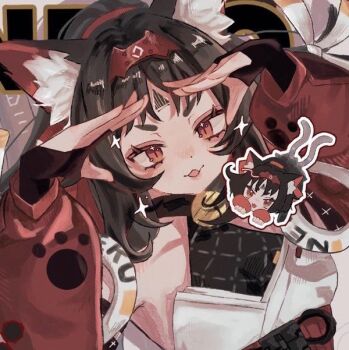 1girl animal_ear_fluff animal_ears barcode barcode_tattoo bare_shoulders bell black_hair cable cable_tail cat_ears cat_girl cat_tail commentary corset facial_mark fang forehead_mark forehead_tattoo hairband hands_on_own_head luv_luv_s2 mechanical_tail multiple_tails neck_bell nekomiya_mana open_mouth paw_print red_corset red_eyes red_hairband red_sleeves skin_fang solo sparkle sparkling_eyes sticker tail tattoo triangle triangle_facial_mark two_tails upper_body zenless_zone_zero