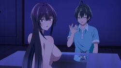 1boy 1girl animated anime_screenshot black_hair blue_shirt blush bouncing_breasts breasts cat completely_nude convenient_censoring convenient_hand covering_own_eyes haite_kudasai_takamine-san hand_on_own_hip highres large_breasts linea_alba nipples nude partially_visible_vulva purple_hair red_eyes shirota_takashi shirt sidelocks smile sound tagme takamine_takane video wide_hips