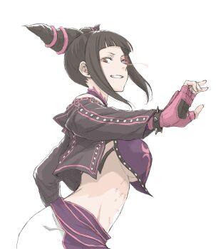 1girl black_hair black_jacket blunt_bangs bracelet breasts coelacanth_(gyotaku) commentary_request cropped_jacket eye_trail eyelashes fingerless_gloves gloves hair_horns han_juri highres jacket jewelry light_trail long_sleeves open_clothes open_jacket pink_gloves short_hair sidelocks simple_background smile solo spiked_bracelet spikes street_fighter teeth underboob white_background