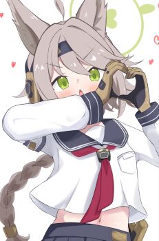 1girl ahoge animal_ears blue_archive braid braided_ponytail commentary_request fox_ears fox_girl gloves green_eyes green_halo hair_between_eyes halo headband headset heart heart_hands highres light_blush long_hair long_sleeves looking_at_viewer mochikumo navel neckerchief open_mouth otogi_(blue_archive) red_neckerchief sailor_collar school_uniform serafuku upper_body white_background