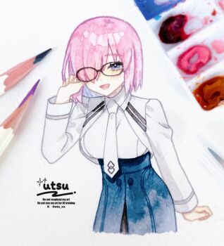1girl :d arm_at_side art_tools_in_frame artist_name black-framed_eyewear black_skirt blush collared_shirt colored_pencil_(medium) commentary cowboy_shot fate/grand_order fate_(series) glasses hair_over_one_eye hand_up high-waist_skirt highres long_sleeves looking_at_viewer mash_kyrielight mash_kyrielight_(chaldea_uniform) necktie open_mouth painting_(medium) photo_(medium) pink_hair purple_eyes shirt short_hair skirt smile solo traditional_media twitter_username utsu_(utu_xx) watercolor_(medium) white_necktie white_shirt wing_collar
