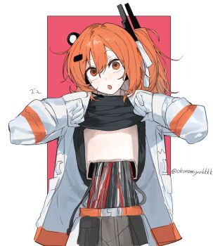 1girl a.i._voice absurdres adachi_rei android belt black_shirt cable clothes_lift commentary_request cowboy_shot gloves hair_between_eyes hair_ribbon hands_up headlamp highres jacket long_sleeves looking_at_viewer mechabare one_side_up open_clothes open_jacket open_mouth orange_belt orange_eyes orange_hair pink_background radio_antenna ribbon shirt shirt_lift solo standing takoyaki5221 translation_request utau white_gloves white_jacket white_ribbon