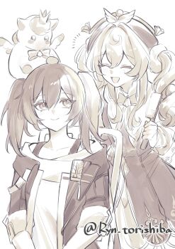 Rule 34 | 2girls, absurdres, alternate hairstyle, bow, bowtie, bra strap, chair, closed eyes, closed mouth, commentary request, dress, drill hair, greyscale, hair between eyes, hair brush, hairdressing, hat, highres, holding, holding hair brush, honkai: star rail, honkai (series), hyacine (honkai: star rail), jacket, little ica (honkai: star rail), looking at viewer, monochrome, multiple girls, on chair, open mouth, ryn torishiba, shirt, simple background, sitting, smile, standing, stelle (honkai: star rail), trailblazer (honkai: star rail), twin drills, twintails, twitter username, white background