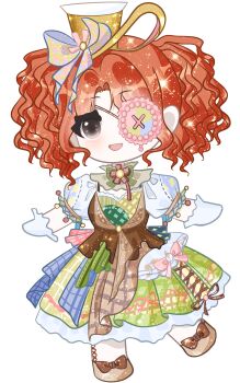 1girl absurdres art_of_tailoring_(infinity_nikki) bow bowtie brown_bow brown_eyes brown_shoes buttons chibi collar cross-laced_clothes cross-laced_dress cross-laced_pantyhose detached_collar dress eyelashes eyepatch footwear_bow frilled_collar frilled_gloves frills gloves green_bow green_bowtie grey_collar happy hat hat_bow highres infinity_nikki light_blush light_particles lolita_fashion long_dress looking_ahead mini_hat mini_top_hat multicolored_dress nikki_(series) open_mouth orange_hair pantyhose patchwork_clothes plaid_bow plaid_clothes plaid_dress pleated_dress puffy_short_sleeves puffy_sleeves purple_bow ribbon-trimmed_sleeves ribbon_print ribbon_trim sewing_pin shoes short_hair short_sleeves short_twintails simple_background smile solo sparkle standing tareme top_hat twintails wavy_hair white_background white_gloves white_pantyhose white_sleeves yellow_hat zhizhizhizhizhizong