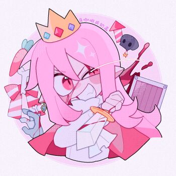 1boy androgynous blood bone cape carrot chibi chibi_only chinese_commentary commentary_request crown dream_smp gem green_gemstone grin highres holding holding_sword holding_weapon long_hair male_focus minecraft minecraft_shield minecraft_youtube pink_hair pointy_ears red_cape red_eyes scar shield shirt skull slit_pupils smile solo sparkle sword technoblade weapon white_shirt wither_skull yan8644507