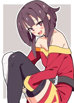1girl :d asymmetrical_legwear bandaged_leg bandages bare_shoulders belt black_belt black_thighhighs blush brown_hair commentary_request dress highres kono_subarashii_sekai_ni_shukufuku_wo! long_sleeves looking_at_viewer megumin noyama_takenoko off-shoulder_dress off_shoulder open_mouth red_dress red_eyes short_hair short_hair_with_long_locks smile solo thighhighs