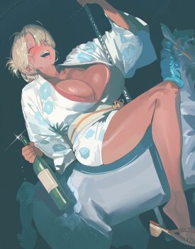 1girl 2026 absurdres alcohol blonde_hair bottle breasts carousel folded_ponytail highres hintobento holding holding_pole holding_sword holding_weapon horse horseback_riding huge_breasts japanese_clothes katana kimono new_year original pole ponytail riding sandals sword tan weapon white_horse wine wine_bottle