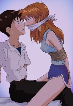 1boy 1girl arm_support arms_behind_back bare_shoulders bdsm black_pants black_shirt blue_shorts blue_tank_top blush bondage bound bound_arms bound_torso bound_wrists breasts brown_hair casual cloth_gag collarbone collared_shirt commentary derivative_work dolphin_shorts dress_shirt embarrassed english_commentary eye_contact from_side gag gagged girl_on_top gradient_background grey_background hair_between_eyes heads_together hetero highres ikari_shinji improvised_gag kneeslappper leaning_back leaning_forward legs_on_another's_lap long_hair looking_at_another neon_genesis_evangelion nervous nervous_sweating nose_blush on_bed own_hands_together pants parted_lips shirt short_shorts short_sleeves shorts side_slit sidelocks sitting sleeveless small_breasts souryuu_asuka_langley straddling sweat tank_top tape tape_bondage undershirt white_shirt white_trim