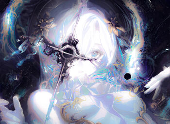 1girl abstract_background aqua_eyes black_hole breasts commentary cute_mdr dark_background fingernails flower glowing hair_flower hair_ornament highres leaning_back looking_at_viewer open_mouth original ornate_clothes portrait solo space star_(sky) star_(symbol) star_in_eye symbol-only_commentary symbol_in_eye tight_clothes white_hair