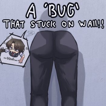 2boys absurdres arthropod_limbs artist_name ass ass_focus bent_over black-framed_eyewear black-framed_glasses black_pants black_vest brown_hair close-up collared_shirt english_text eyes_visible_through_hair facial_hair flying_sweatdrops fourth_wall from_behind glasses gregor_(project_moon) grey_background hair_between_eyes half-closed_eyes highres id_card leaning_forward limbus_company long_hair looking_ahead low_ponytail male_focus multiple_boys multiple_views necktie open_mouth pants parted_bangs photoshop_(medium) ponytail pov project_moon red_necktie sanpaku semi-rimless_eyewear shadow shirt signature silhouette simple_background solo_focus speech_bubble standing stubble stuck through_wall under-rim_eyewear vest white_shirt yellow_eyes