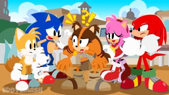 2girls 3boys amy_rose badger blonde_hair blue_fur blue_hair boots bracelet brown_fur brown_hair city confused dress echidna_(animal) eddysmash2407 fox gloves hair_tie hedgehog highres jewelry knuckles_the_echidna long_hair medium_hair multiple_boys multiple_girls multiple_tails orange_fur pink_fur pink_hair red_fur red_hair sega shoes skirt socks sonic_(series) sonic_boom_(series) sonic_the_hedgehog spiked_hair sticks_the_badger strapless tail tails tails_(sonic) tube_top twintails two_tails wild_girl yellow_fur