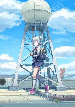 1girl absurdres air_conditioner bag bandaid bandaid_on_knee bandaid_on_leg blazer blue_jacket blue_skirt blunt_bangs bow bowtie building camera cevio cloud commentary day double_bun grey_hair grey_sweater hair_bun hair_ornament hairclip hand_up highres holding holding_camera horns jacket kneehighs koharu_rikka lakiston looking_to_the_side miniskirt mountainous_horizon notono_spenin outdoors pink_bow pink_bowtie pink_eyes pink_shoes pleated_skirt rooftop school_uniform shading_eyes shoes short_hair shoulder_bag skirt smoking_pipe sneakers socks solo standing stuffed_animal stuffed_toy sweater synthesizer_v teddy_bear tile_floor tiles ventilator walking water_tower white_socks wide_shot