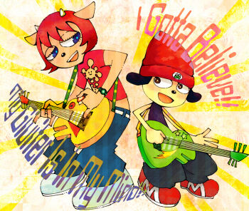 1boy 1girl baby_animal beanie belt blue_eyes blush brown_eyes crop_top denim dog english_text eyelashes furry guitar hat holding holding_instrument horns instrument jeans lamb lammy_(um_jammer_lammy) motimoti-hokahoka music open_mouth pants parappa parappa_the_rapper playing_instrument plectrum red_footwear red_hair sheep shirt t-shirt um_jammer_lammy white_belt white_footwear