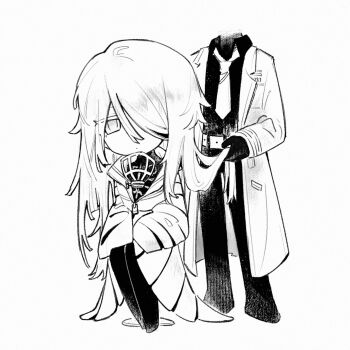 Rule 34 | 1girl, 1other, alternate hair length, alternate hairstyle, belt, chinese commentary, coat, collared shirt, commentary request, dante (limbus company), dated commentary, e.g.o (project moon), faust (project moon), full body, greyscale, hair over one eye, highres, holding another's hair, ivy (675671), kishimen hair, lapels, limbus company, long hair, long sleeves, mask, monochrome, necktie, notched lapels, pants, project moon, respirator, shirt, simple background, sleeves past fingers, sleeves past wrists, thoracalgia (e.g.o), very long hair