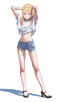 Rule 34 | 1girl, arms behind back, art study, black shoes, blonde hair, blue shorts, commentary, cropped shirt, english commentary, full body, high heels, highres, kitagawa marin, long hair, midriff, navel, nmm, pink eyes, shadow, shirt, shoes, short shorts, shorts, simple background, solo, sono bisque doll wa koi wo suru, standing, white background, white shirt