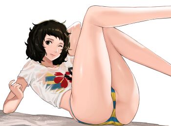 1girl :q arm_support ass atlus bikini bikini_under_clothes black_eyes black_hair blue_bikini breasts crop_top female_focus j@ck kawakami_sadayo legs_up looking_at_viewer lying medium_breasts multicolored_bikini on_back one_eye_closed partially_visible_vulva persona persona_5 see-through_clothes sega shirt short_hair short_sleeves solo striped_bikini striped_clothes swimsuit t-shirt thighs tongue tongue_out two-tone_bikini wink yellow_bikini