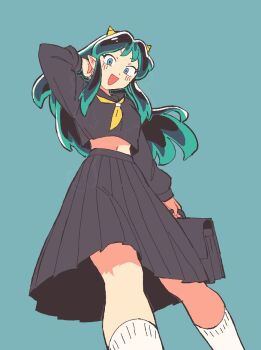 1girl arm_behind_head bag black_bag black_serafuku black_skirt blue_background blue_eyes blush breasts commentary cone_horns cowboy_shot english_commentary gradient_hair green_hair highres holding holding_bag horns long_hair long_sleeves looking_at_viewer lum mamanooke medium_breasts midriff midriff_peek multicolored_hair navel neckerchief oni open_mouth pointy_ears school_uniform serafuku short_eyebrows skirt smile socks urusei_yatsura yellow_horns yellow_neckerchief