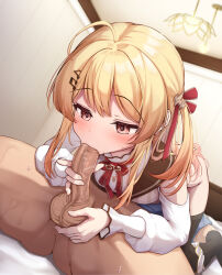 1boy 1girl ahoge black_thighhighs blonde_hair blush bottomless brown_sailor_collar dutch_angle fellatio fortissimo hair_ornament hair_ribbon handjob heart hetero highres hololive hololive_dev_is indoors long_hair looking_at_penis mesugaki musical_note musical_note_hair_ornament non_non_moral on_bed one_side_up oral orgasm_denial otonose_kanade paid_reward_available panties panties_around_leg penis red_eyes red_ribbon ribbon sailor_collar sweatdrop testicles textless_version thighhighs underwear veins veiny_penis virtual_youtuber white_panties