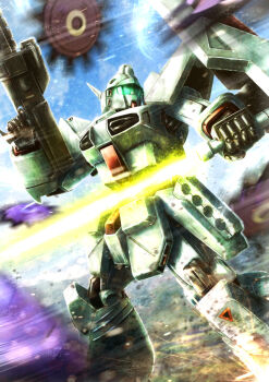 assault_visor beam_rifle blue_visor bug_(gundam_f91) commentary_request crossbone_vanguard drone earth_federation energy_gun energy_sword gundam gundam_f91 heavygun irisu_haniwa machinery mecha mecha_focus mobile_suit motion_blur no_humans o'neill_cylinder radio_antenna realistic robot scene_reference science_fiction shield solo space_habitat surrounded sword weapon