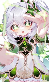 1girl :o absurdres bloomers blush commentary_request cowboy_shot dress finger_frame genshin_impact gold_trim green_eyes green_hair hair_between_eyes hair_ornament highres hinashio_(dmej5427) leaf_hair_ornament long_hair looking_at_viewer multicolored_hair nahida_(genshin_impact) open_mouth outstretched_arms partial_commentary pointy_ears signature sleeveless sleeveless_dress solo star-shaped_pupils star_(symbol) symbol-shaped_pupils underwear white_background white_bloomers white_dress white_hair