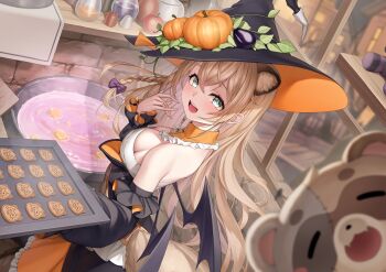 1girl absurdres animal_ear_fluff animal_ears black_bow black_hat black_sleeves black_wings bow braid breasts cauldron collar commentary_request detached_collar food-themed_hair_ornament frilled_collar frills hair_bow hair_ornament hat highres holding holding_tray hololive kazama_iroha kimiiki_seikibo long_hair open_mouth orange_collar pumpkin_hair_ornament purple_liquid smile teeth tray upper_teeth_only virtual_youtuber wings witch_hat