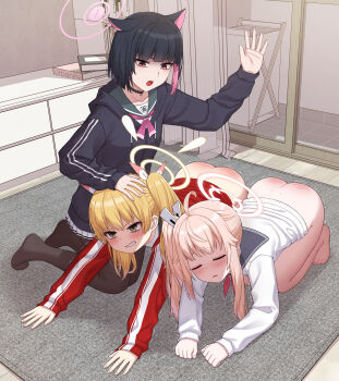 Rule 34 | 3girls, absurdres, all fours, animal ears, ass, black hair, blonde hair, blue archive, blush, book, bottomless, brown eyes, butt crack, cat ears, choker, clenched teeth, collarbone, commission, dimples of venus, fingernails, hair ribbon, halo, hand up, highres, hood, hoodie, humiliation, indoors, jacket, kazusa (blue archive), kneeling, long sleeves, medium hair, multicolored hair, multiple girls, natsu (blue archive), open mouth, pantyhose, pink hair, pink halo, pixiv commission, pleated skirt, red eyes, ribbon, s-goon, school uniform, short hair, skirt, spanked, spanking, teeth, toenails, track jacket, twintails, two-tone hair, upper teeth only, yellow halo, yoshimi (blue archive)