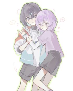 Rule 34 | 2boys, black hair, black shorts, ensemble stars!, grabbing another's arm, hair between eyes, hanamura fuyume, hcn8120, heart, highres, jacket, long sleeves, male focus, multicolored jacket, multiple boys, one eye closed, open clothes, open jacket, open mouth, purple eyes, purple hair, purple shirt, sagiri esu, shirt, short hair, shorts, simple background, spoken blush, spoken heart, standing, white background