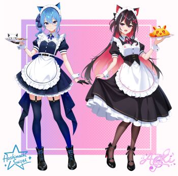 2girls absurdres alternate_costume animal_ears apron asymmetrical_sidelocks azki_(hololive) back_bow black_boots black_dress black_gloves black_hair black_shoes blue_bow blue_dress blue_eyes blue_hair blue_ribbon boots bow braid cat_ears character_name closed_mouth collared_dress colored_inner_hair commentary_request curry curry_rice double-parted_bangs dress enmaided flat_chest food frilled_apron frilled_dress frills full_body garter_straps gloves gradient_thighhighs hair_between_eyes hair_intakes hair_ribbon half_up_half_down_braid high_heels highres holding holding_plate hololive hoshimachi_suisei lace-up_boots long_hair looking_at_viewer maid maid_headdress medium_hair mole mole_under_eye multicolored_hair multiple_girls neck_ribbon omelet omurice open_mouth partially_fingerless_gloves pink_hair plate puffy_short_sleeves puffy_sleeves purple_eyes ribbon rice shoes short_sleeves side_ponytail sidelocks skirt_hold smile star_(symbol) star_in_eye strappy_heels streaked_hair symbol_in_eye takoyaki_(hoshimachi_suisei) telu_(teluscarlet) very_long_hair virtual_youtuber waist_apron white_apron white_hair wrist_cuffs
