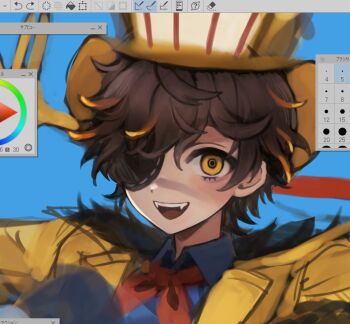 1boy 37mimi_aim :d art_program_in_frame blue_shirt brown_hair colored_tips eyepatch fangs florian_brand florian_brand_(&quot;puffing&quot;) fur-trimmed_jacket fur_trim hat identity_v jacket looking_at_viewer male_focus multicolored_hair neckerchief open_mouth portrait red_neckerchief shirt smile solo top_hat yellow_eyes yellow_hat yellow_jacket