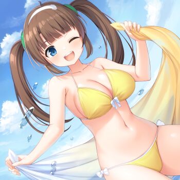 1girl ;d absurdres bikini blue_sky blunt_bangs breasts brown_hair cleavage cloud collarbone commentary_request day dutch_angle hairband highres kageira large_breasts long_hair looking_at_viewer navel one_eye_closed open_mouth original outdoors sky smile solo standing stomach swimsuit teeth tongue twintails upper_teeth_only white_hairband yellow_bikini