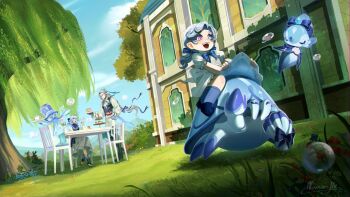 1boy 2girls alternate_hairstyle artist_name blue_eyes blue_hair boots bow braid bright_pupils bubble cake child day dress dutch_angle familiar family fang fingernails floating floating_hair food furina_(genshin_impact) genshin_impact gentilhomme_usher grey_hair hair_bow heterochromia holding holding_plate if_they_mated long_hair looking_at_another low-tied_long_hair low_ponytail mademoiselle_crabaletta multiple_girls nail_polish neuvillette_(genshin_impact) nomae.jie outdoors pants plate pointy_ears ponytail purple_eyes purple_nails purple_pupils riding shirt shoes single_braid sitting slit_pupils smile socks surintendante_chevalmarin thigh_boots very_long_hair vest walking white_pupils