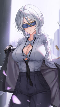 1girl absurdres black_gloves black_necktie blindfold blush breasts cape cleavage collarbone collared_shirt commentary_request cowboy_shot falling_petals faust_(project_moon) gloves high-waist_pants highres index_(identity)_(project_moon) korean_commentary large_breasts limbus_company long_sleeves necktie pants petals project_moon shirt short_hair simple_background solo upper_body white_hair white_shirt zerobig