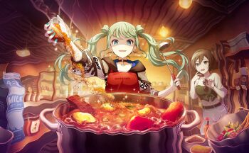 2girls apple apron aqua_nails black_choker black_hoodie boiling bowl candy carrot ceiling_light chalkboard chocolate chocolate_bar choker colorful_palette cooking_pot denim drink_carton earrings food fruit green_eyes grey_pants hair_rings hatsune_miku heat_haze highres holding holding_bowl hood hoodie hotpot jeans jewelry kitchen looking_at_another meiko_(vocaloid) milk_carton multiple_girls necklace never_give_up_cooking!_(project_sekai) official_art open_mouth pants project_sekai red_apron red_nails shaded_face shelf smile sparkle sweat sweatdrop text_print third-party_source twintails unworn_eyewear vivid_bad_squad_meiko vivid_bad_squad_miku vocaloid worried