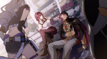 1boy 2girls absurdres bare_shoulders black_boots black_hair black_jacket black_shorts blade_(honkai:_star_rail) boots collared_shirt cropped_jacket drill_hair eyewear_on_head grey_hair grey_pants high_heel_boots high_heels highres honkai:_star_rail honkai_(series) jacket kafka_(honkai:_star_rail) long_hair multiple_girls pants purple_eyes purple_hair round_eyewear sam_(honkai:_star_rail) shirt short_sleeves shorts silver_wolf_(honkai:_star_rail) sunglasses white_shirt zassyoku_dd