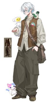 1boy absurdres bag baggy_pants blue_eyes breast_pocket brown_bag brown_pants brown_shoes brown_vest cat character_request closed_mouth collared_shirt commentary crossed_bangs earrings glasses hair_between_eyes hand_in_pocket hedgehog highres jewelry kaelix_debonair kaohom503 key key_necklace long_sleeves looking_at_another looking_down male_focus monkey necklace nijisanji nijisanji_en open_clothes open_vest pants pocket puffy_long_sleeves puffy_sleeves reference_inset round_eyewear satchel shirt shoes short_hair simple_background smile snake standing symbol-only_commentary vest virtual_youtuber watch white_background white_hair white_shirt wristwatch
