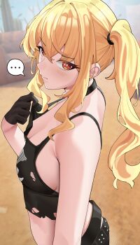 ... 1girl absurdres black_gloves blonde_hair bright_pupils choker commentary crop_top english_commentary gloves haerge highres looking_at_viewer luciana_de_montefio pulling_own_clothes red_eyes side_ponytail white_pupils zenless_zone_zero