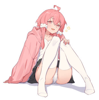 Rule 34 | 1girl, ahoge, alternate eye color, alternate hair color, blush, bow, camisole, clothes lift, commentary request, flat chest, full body, highres, jacket, looking at viewer, no shoes, open clothes, open jacket, open mouth, panties, pantyshot, pink eyes, pink hair, pink jacket, sitting, skirt, skirt lift, smile, solo, thighhighs, underwear, vocaloid, voiceroid, white panties, white thighhighs, yamamomo (plank), yuzuki yukari, yuzuki yukari (onn)