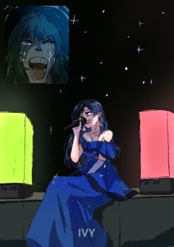 2girls absurdres aromdami bare_shoulders blue_dress blue_hair commentary concert crying dress earrings english_commentary fan_screaming_at_madison_beer_(meme) frilled_dress frills gakuen_idolmaster happy_tears highres holding holding_microphone idolmaster idolmaster_(classic) jewelry kisaragi_chihaya long_hair meme microphone multiple_girls music necklace open_mouth singing sitting stage streaming_tears tears teeth tsukimura_temari v-shaped_eyebrows