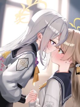 2girls absurdres azusa_(blue_archive) black_dress black_sailor_collar blonde_hair blue_archive blue_sailor_collar blush bow closed_mouth commentary_request cropped_jacket drawing_flover dress grey_hair halo hifumi_(blue_archive) highres interlocked_fingers jacket long_hair multiple_girls nintendo purple_eyes sailor_collar white_jacket yellow_bow yellow_eyes yellow_halo yuri