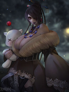 1girl absurdres artist_name bare_shoulders black_hair breasts brown_eyes character_doll cleavage commentary doll dress final_fantasy final_fantasy_x fur-trimmed_dress fur_trim hair_ornament hair_over_one_eye hair_stick highres jewelry large_breasts long_hair looking_at_viewer lulu_(ff10) mole mole_under_mouth moogle multiple_necklaces necklace purple_lips solo xuuikie_ashe