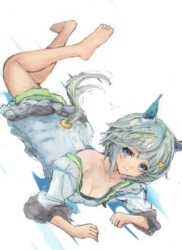 1girl animal_ears bare_shoulders barefoot blue_eyes breasts cleavage closed_mouth collarbone commentary_request dress ear_covers flower green_sailor_collar green_shorts grey_hair hair_between_eyes hair_flower hair_ornament hairclip horse_ears horse_girl horse_tail long_sleeves looking_at_viewer lying on_stomach sailor_collar seiun_sky_(umamusume) short_hair shorts single_ear_cover small_breasts solo sunflower sunflower_hair_ornament tail umamusume white_dress yanagi_wakana