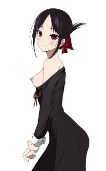 1girl absurdres black_dress black_hair blush breasts breasts_out coro_fae dress folded_ponytail from_side highres kaguya-sama_wa_kokurasetai_~tensai-tachi_no_renai_zunousen~ long_sleeves looking_at_viewer nipples parted_bangs red_eyes red_ribbon ribbon school_uniform shinomiya_kaguya short_hair shuuchiin_academy_school_uniform sidelocks simple_background small_breasts smile solo split_mouth white_background
