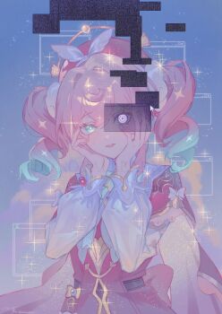 1girl absurdres aqua_eyes aquila_(honkai:_star_rail) blush bow dress drill_hair floral_print glitch gradient_hair hands_on_own_face hat highres hitohachan honkai:_star_rail honkai_(series) hyacine_(honkai:_star_rail) layered_dress mismatched_pupils mixed-language_commentary multicolored_eyes multicolored_hair parted_lips pink_hair puffy_sleeves sparkle twin_drills